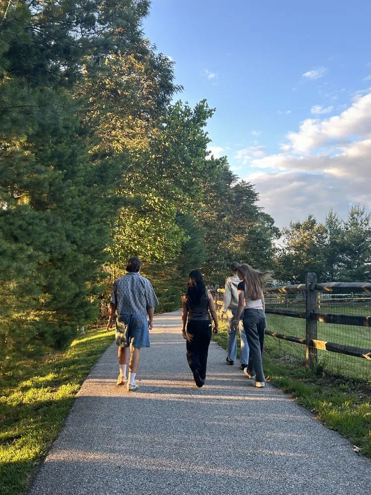 Walkers crossing a wooden bridge over a creek